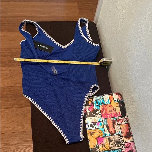 #1471+Bebe White Knit Strip & Blue Women’s One Piece Swimsuit - Picture 7 of 12